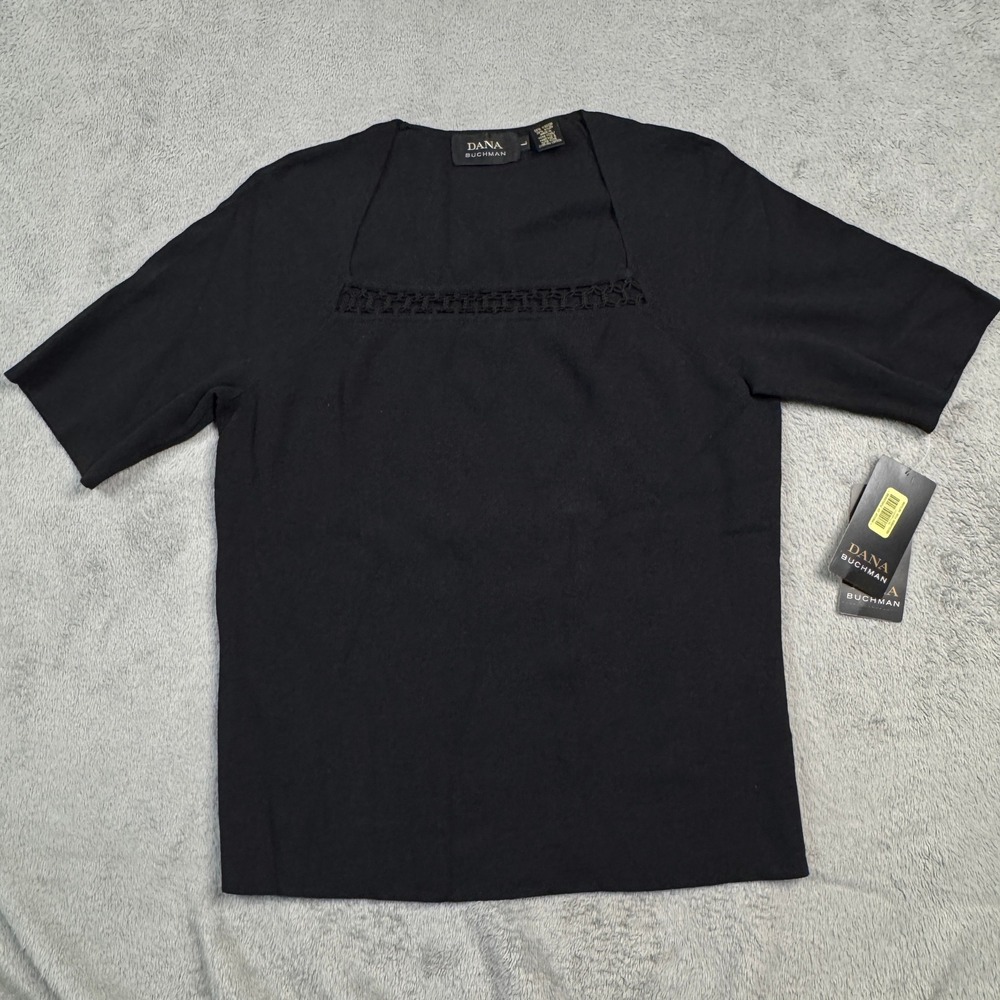 NWT Dana Buchman Black Knit Top‎ Square Neck Crochet Detail Short Sleeve Large